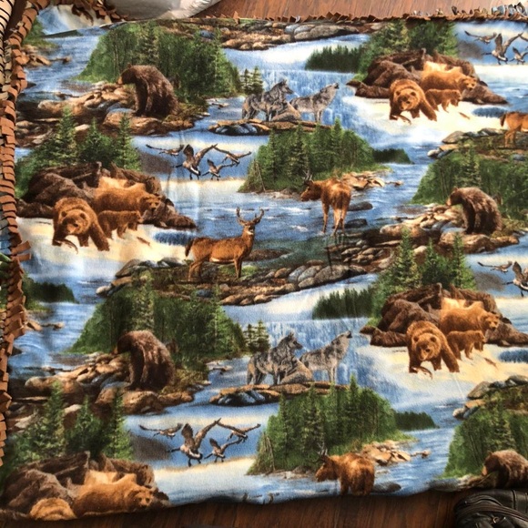 Vintage Handmade Quilt Blanket Nature Forest Moose Bear Wolf Birds Wilderness